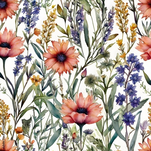 Watercolor seamless floral pattern with delicate abstract wildflowers and plants, isolated hand-drawn print for textile, wallpapers or background in provence style.