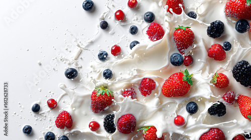 Fototapeta Naklejka Na Ścianę i Meble -  Splash of milk with fruits and berries on a spoon