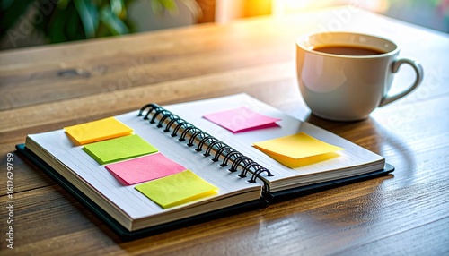 Close-up of open notebook with colorful sticky notes and coffee cup, creative workspace setup symbolizing planning, brainstorming, and productivity