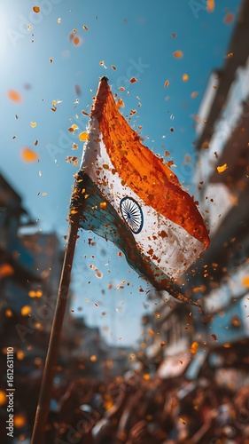 Majestic Indian Flag Waving with Falling Orange Confetti