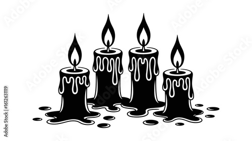 Four dripping black candles with flickering flames on a White background