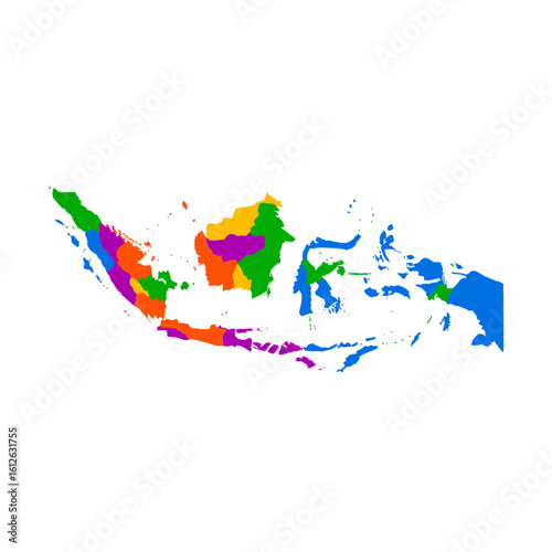 Colorful map of Indonesia, showing the archipelago with different regions highlighted in various vibrant colors.
