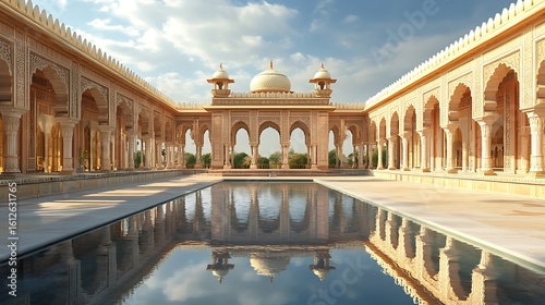 Reflections of jama masjid courtyard in a pool of water with ornate architecture