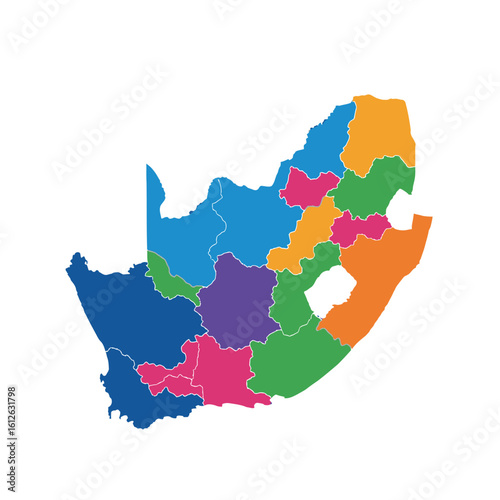 Colorful map showcasing South Africa's nine provinces, highlighting their geographical boundaries and distinct regional divisions.