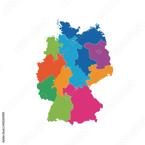 Colorful map showcasing Germany's federal states, highlighting regional divisions within the country's borders.