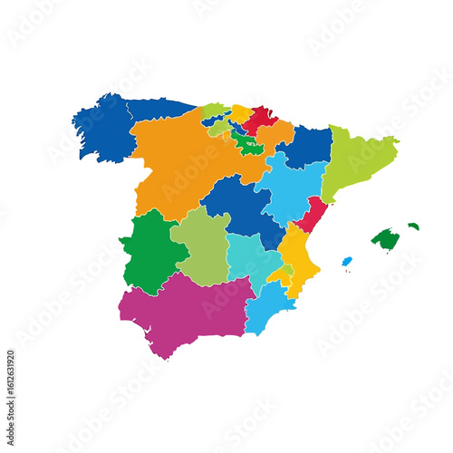 A colorful, detailed map of Spain, showcasing its autonomous regions with distinct hues.