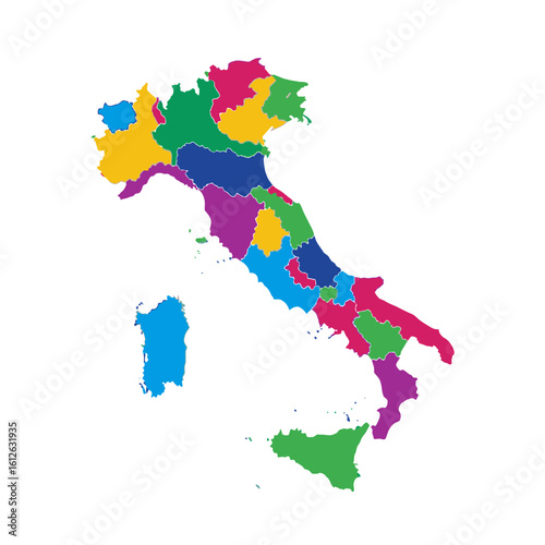 A colorful, simplified map of Italy, highlighting its regions with distinct hues against a white background.
