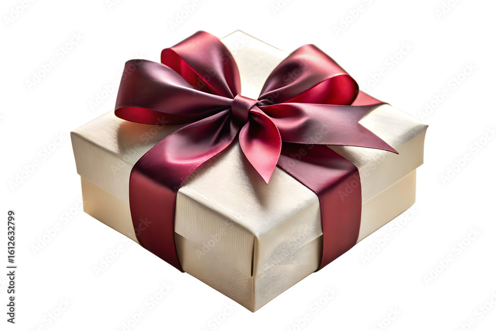 A sophisticated creamcolored gift box elegantly wrapped with a rich burgundy ribbon and a perfectly tied bow, isolated on a stark transparent background for a refined presentation A sophisticated creamcolored gift box elegantly wrapped with a rich burgundy ribbon and a perfectly tied bow, isolated on a stark transparent background for a refined presentation