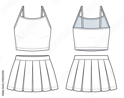 Pleated Mini Skirt and Crop Cami Top Technical Fashion Illustration. Spaghetti Strap Crop Top and High-Waist Pleated Skirt Vector Template. Front and Back View. tennis-core Outfit. CAD Mockup Set.
