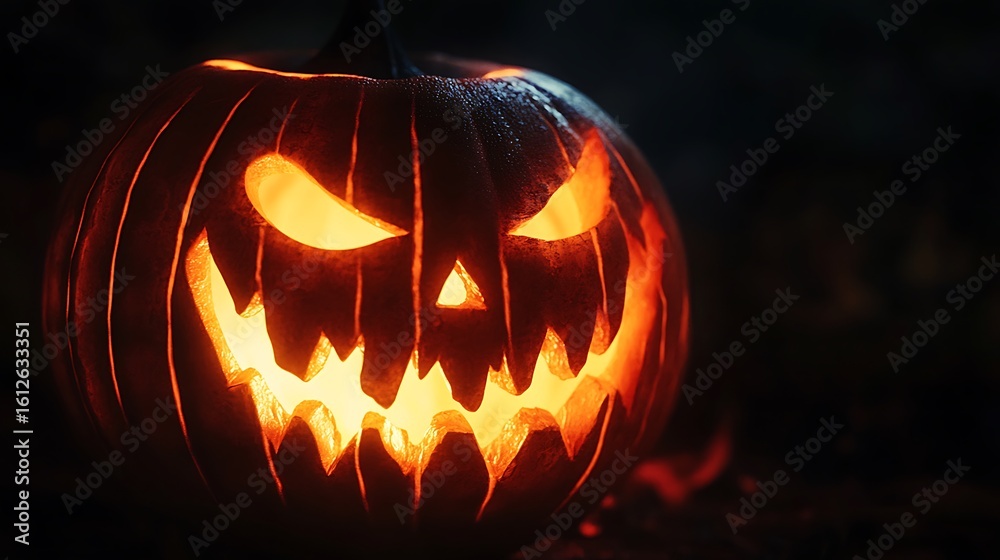 Fototapeta premium Spooky jack o lantern with glowing orange face in darkness