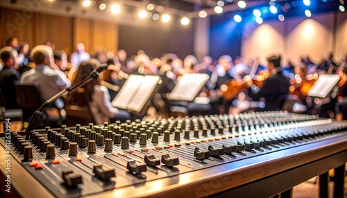 A large soundboard sits in the foreground with a blurred orchestra in the background