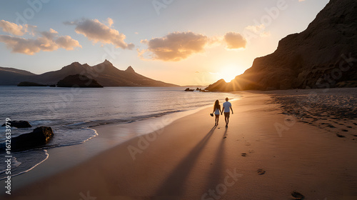 Romantic Beach Stroll at Sunset with Dramatic Mountain Backdrop