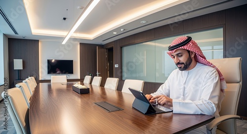 A businessman in traditional Middle Eastern attire sits at a conference table using a tablet computer in a modern .