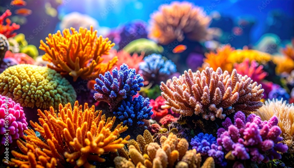 Fototapeta premium Underwater Coral Reef Ecosystem Bursting with Vibrant Colors and Diverse Marine Life, Captivating Close-Up View of a Thriving Coral Community