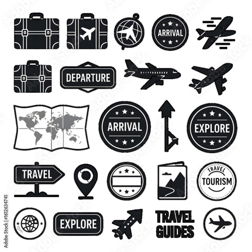 traveller icons set black and white, map, 