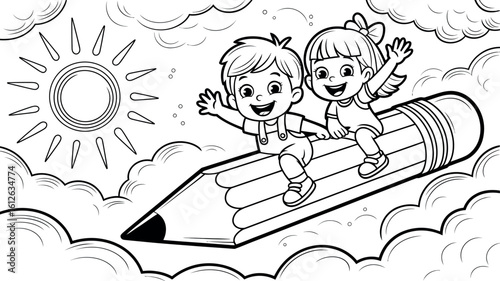 Coloring page kids flying on pencil back to school illustration printable