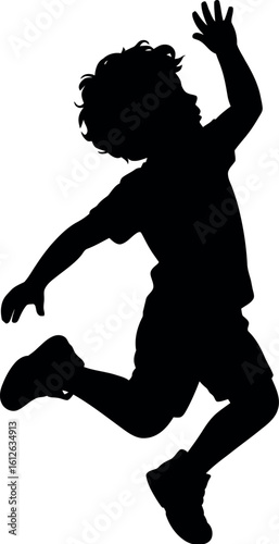 Silhouette of boy jumping high with hand up vector illustration graphic