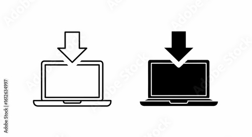 Two minimalist laptop icons, one outlined and one filled, with download arrows above.