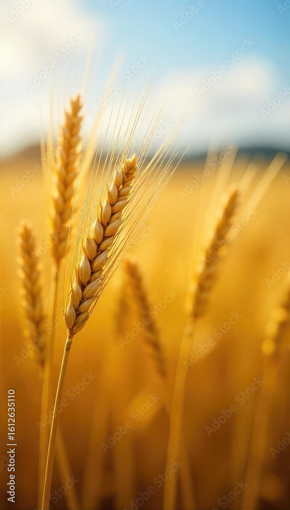Fototapeta premium Golden barley stalks sway gently in the summer breeze, ready for harvest Sunlit field, ripe grains, agricultural scene, rural landscape, abundant crop , countryside, texture