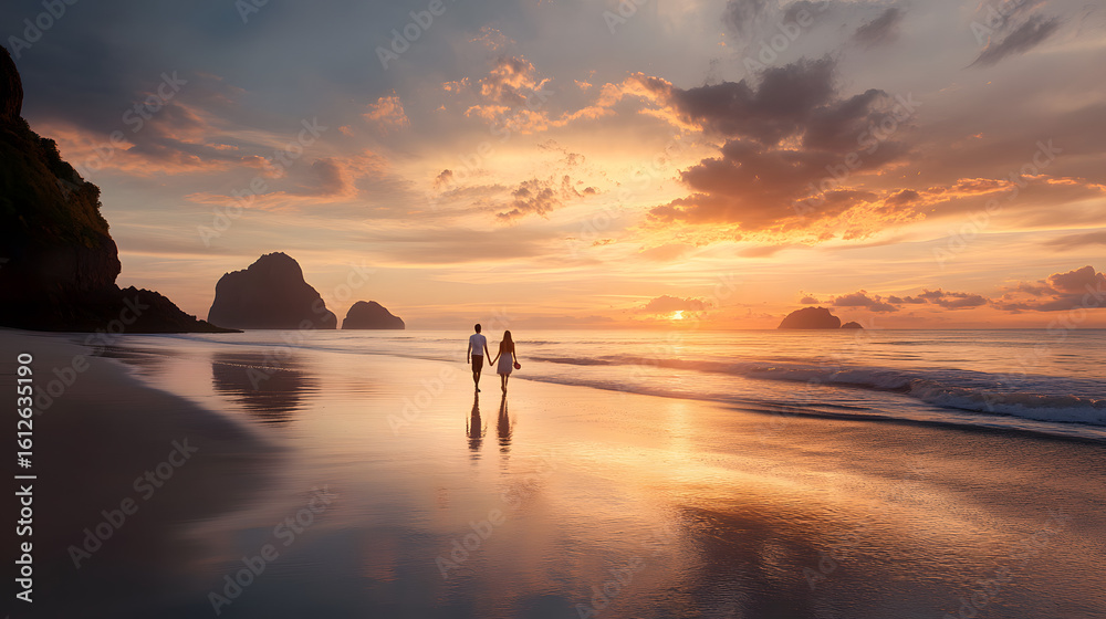 Fototapeta premium Romantic Couple Strolling on Beach at Sunset with Dramatic Skies