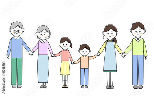 笑顔で手をつなぐ三世代家族のイラスト