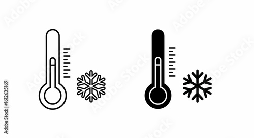 Two thermometer icons with snowflakes, one outlined and one solid black.
