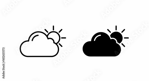 Two cloud icons, one outlined and one filled, with a sun peeking out from behind.