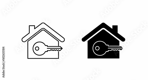 Two simple black and white house icons, each with a key inserted, representing home ownership or access.