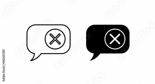 Two black and white speech bubbles with a red 'X' inside, representing rejection or deletion.