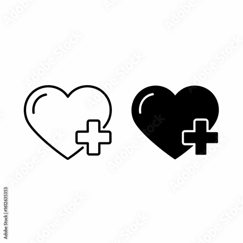Heart icon with plus symbol, line and solid versions.