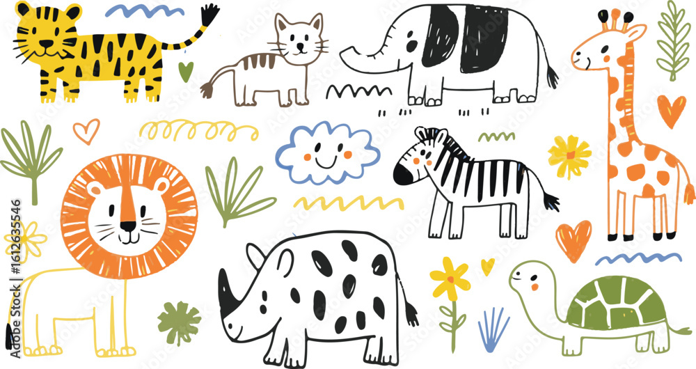 Fototapeta premium Kids Animal Doodle Set – Hand Drawn African Cartoon Animals in Cute Childish Scribble Style