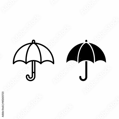Simple line art and solid black umbrella icons, perfect for weather apps or protection symbols.