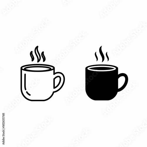 Two coffee cups, one outlined and one solid black, with steam rising from each.