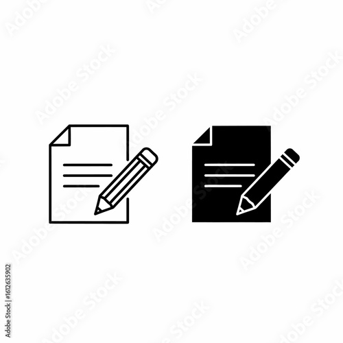 Two simple black and white icons depicting a sheet of paper with a pencil, representing writing or note-taking.