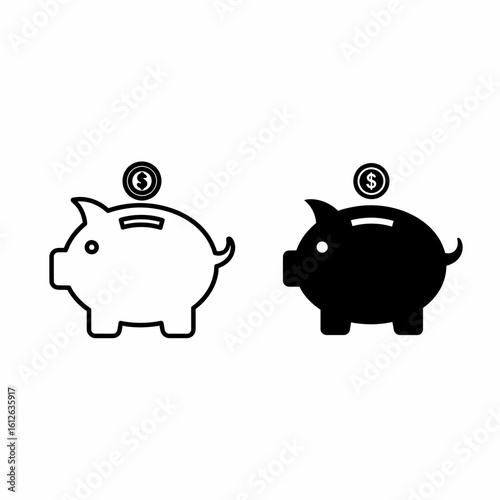 Two piggy bank icons; one outline, one solid black, each with a coin on top, symbolizing savings.