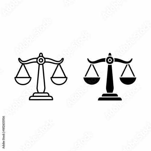 Two stylized illustrations of a balance scale, one outlined and one solid, symbolizing justice.