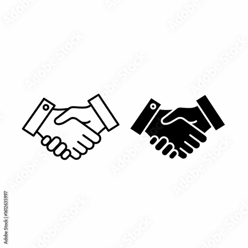 Two simple handshakes, one outlined, one filled, symbolizing agreement, partnership, or deal.