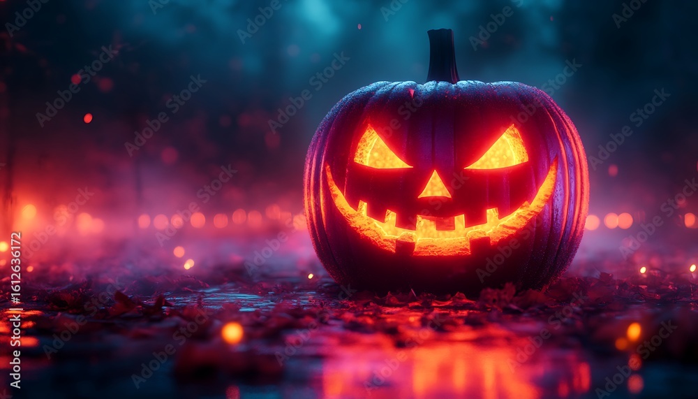 Glowing Jack O Lantern in a Dark Misty Forest with Red and Blue Lights halloween pumpkin Glowing Jack O Lantern in a Dark Misty Forest with Red and Blue Lights halloween pumpkin