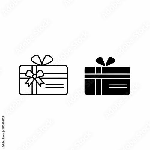 Two gift card icons, one outlined and one solid black, both featuring a bow.