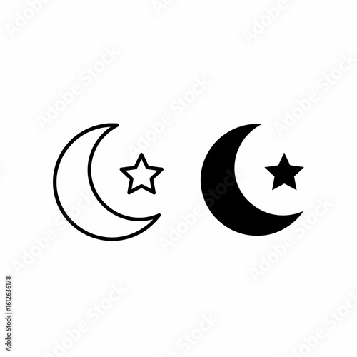 Two crescent moons, one outlined and one solid black, each accompanied by a five-pointed star.