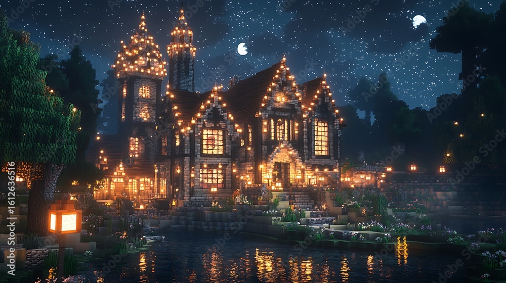 Obraz premium Enchanting fairytale castle illuminated at night with glowing windows and lanterns