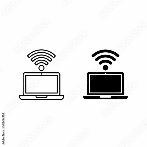 Two simple black and white laptop icons with wifi signals, representing wireless connectivity.