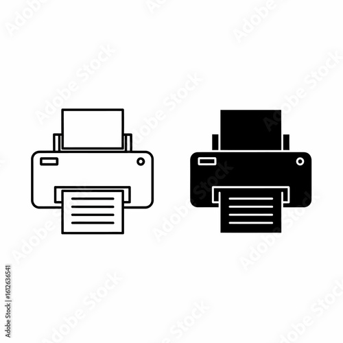 Simple printer icons, line art and solid black, showing a document printing.