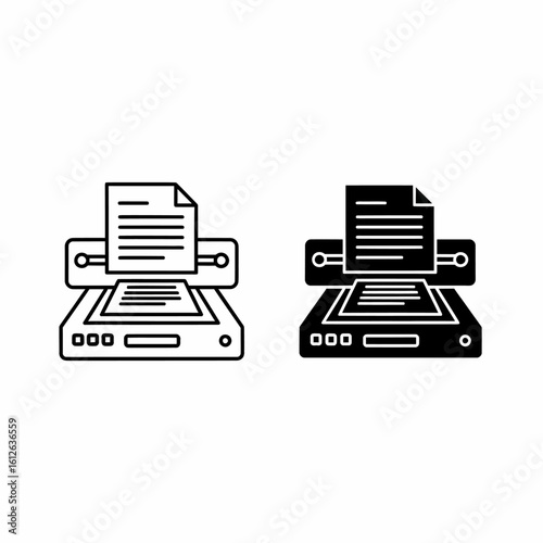 Two stylized illustrations of a document scanner, with a paper being scanned.