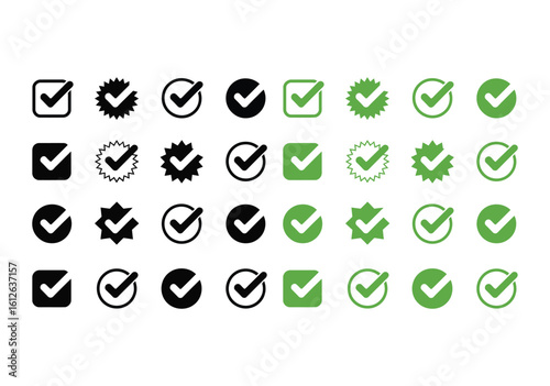Variety of green and black check mark icons arranged on a white background