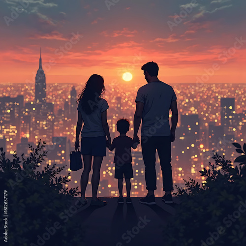 Family Silhouette at Dusk, Watching City Lights