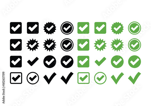 A collection of black and green check mark icons on a white background