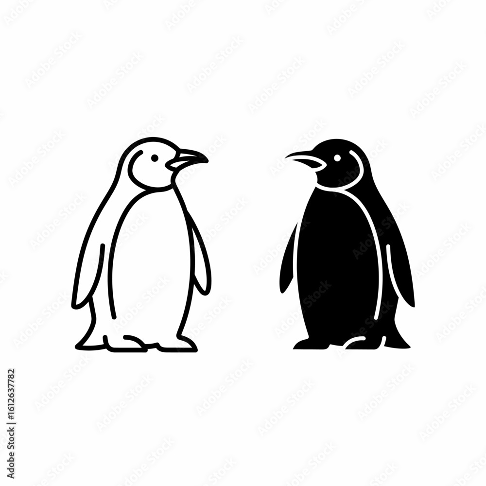 Obraz premium A pair of stylized penguins, one outlined, one solid black, facing each other.