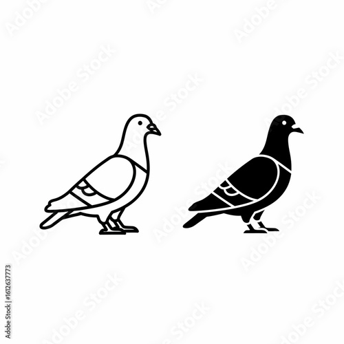 Two stylized line art illustrations of pigeons, one in outline and the other solid black.