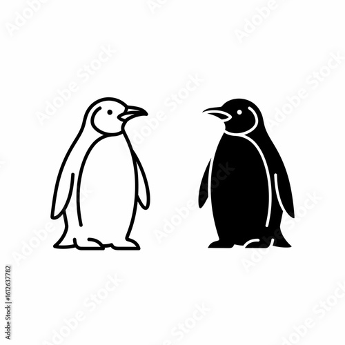 A pair of stylized penguins, one outlined, one solid black, facing each other.